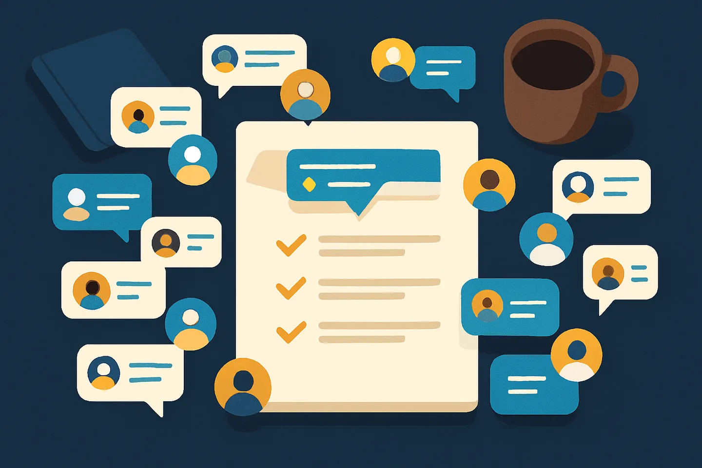 Illustration of many group chat tiles folding into one report on a desk
