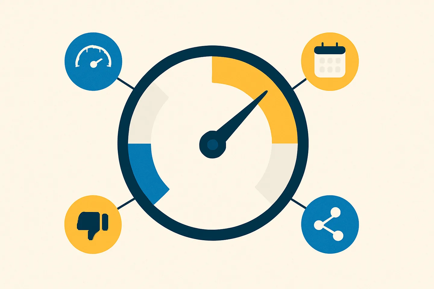Illustration of a score dial fed by icons for speed, people, reports and network