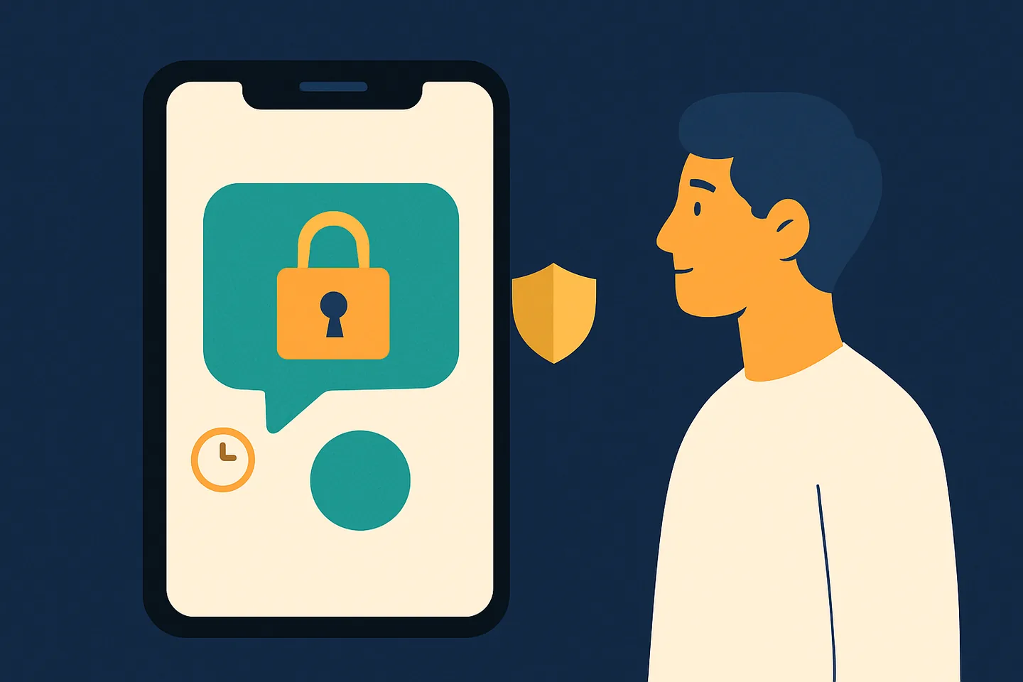 Illustration of a phone with a locked chat screen, a clock and a shield