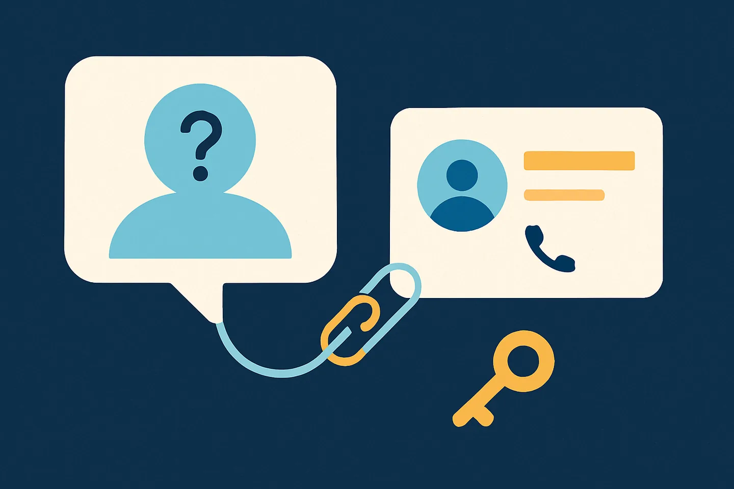 Illustration of an anonymous chat bubble being linked to a named contact card