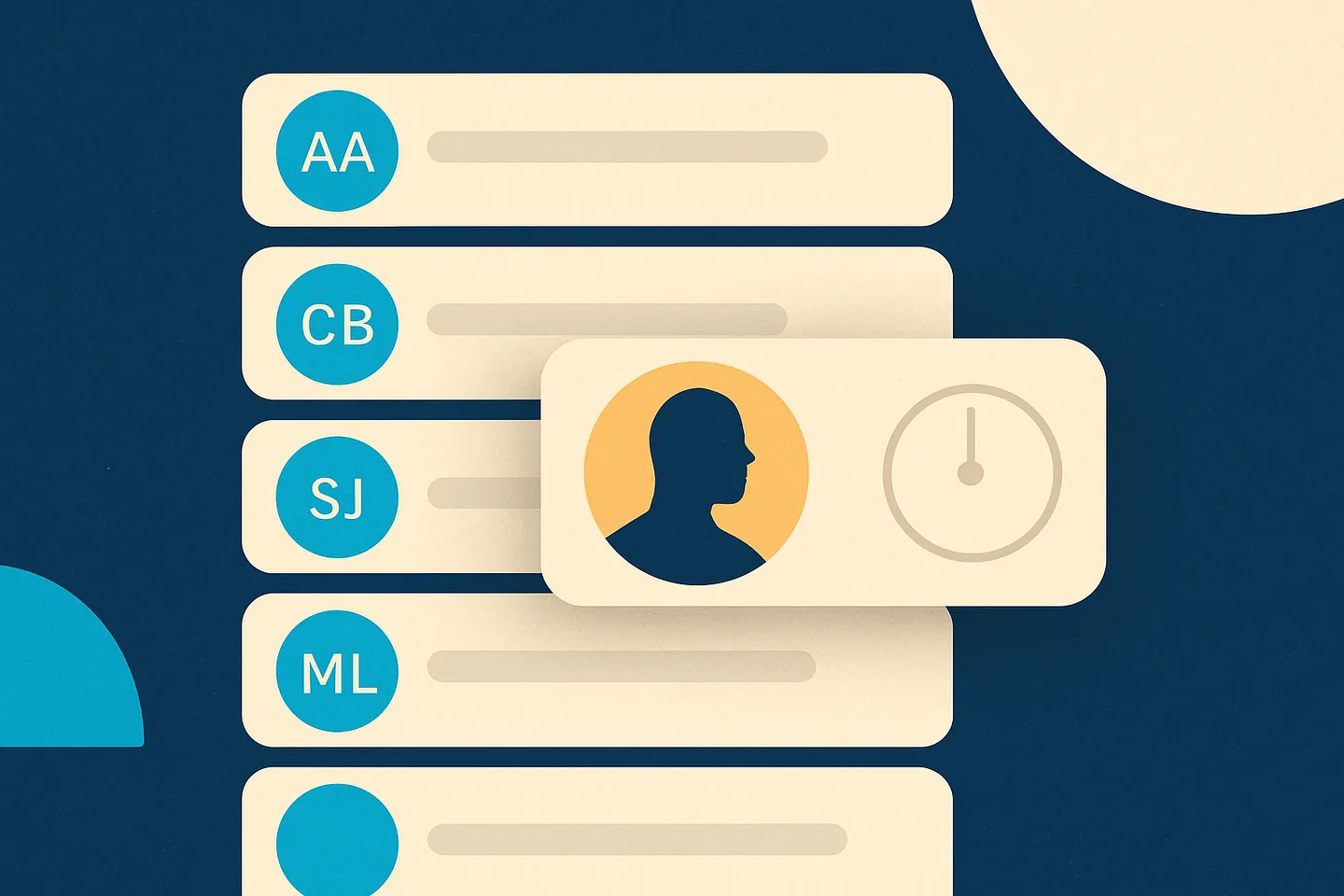 Illustration of a chat list where one opened conversation shows a profile photo while the others show initials