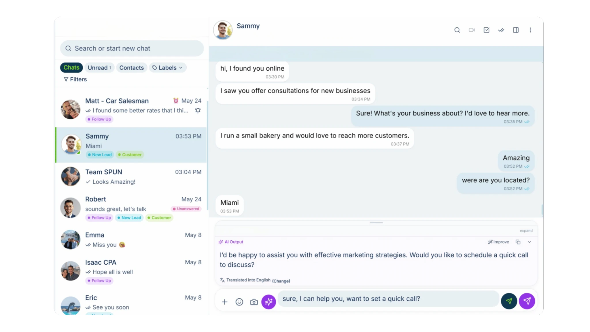 Spun on a desktop: the chat list with labels, an open conversation, and an AI-drafted reply.