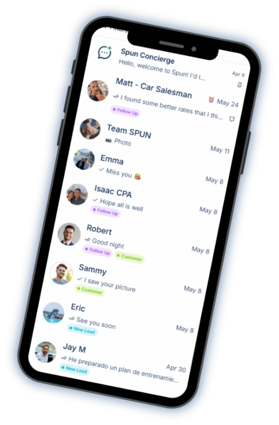 Spun on a desktop: the chat list with labels, an open conversation, and an AI-drafted reply.